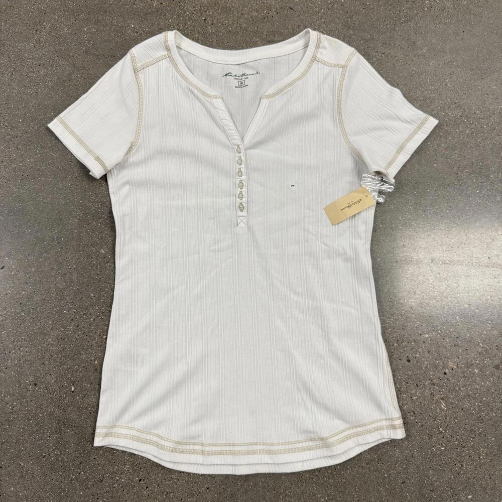 NWT Eddie Bauer Women's White Short Sleeve Henley Ribbed - M
